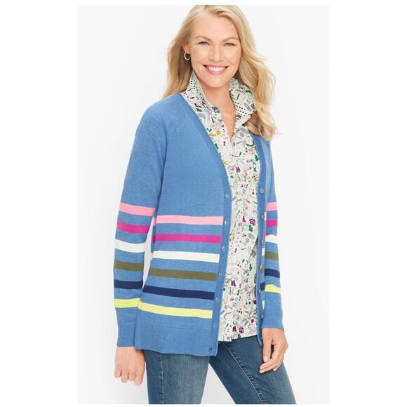 Talbots Blue Multicolor Striped Long Sleeve V-Neck Light Button Up Cardigan Sz L - Picture 1 of 7